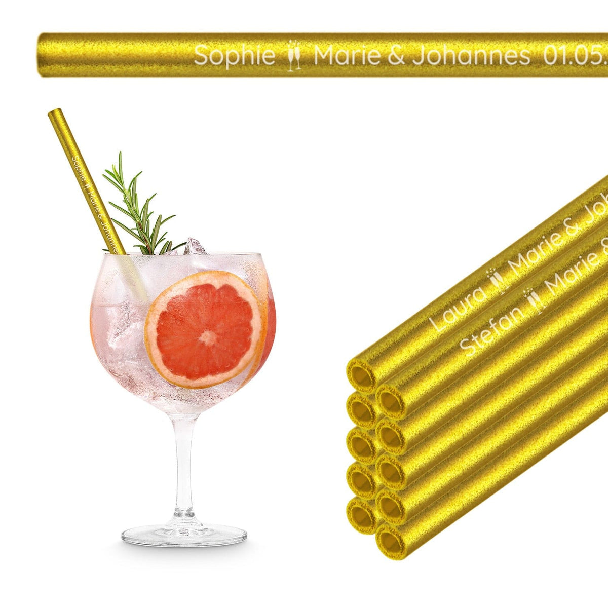 Regalos para invitados de boda: pajitas de vidrio grabadas con 10 nombres de invitados personalizados.