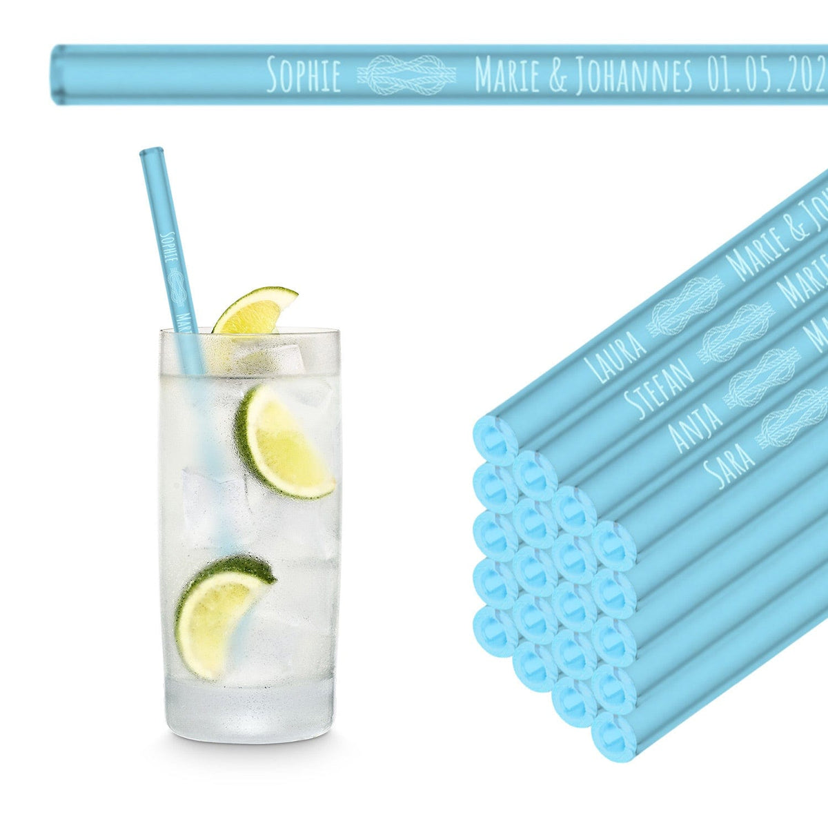 Regalos para invitados de boda: pajitas de vidrio grabadas con 10 nombres de invitados personalizados.