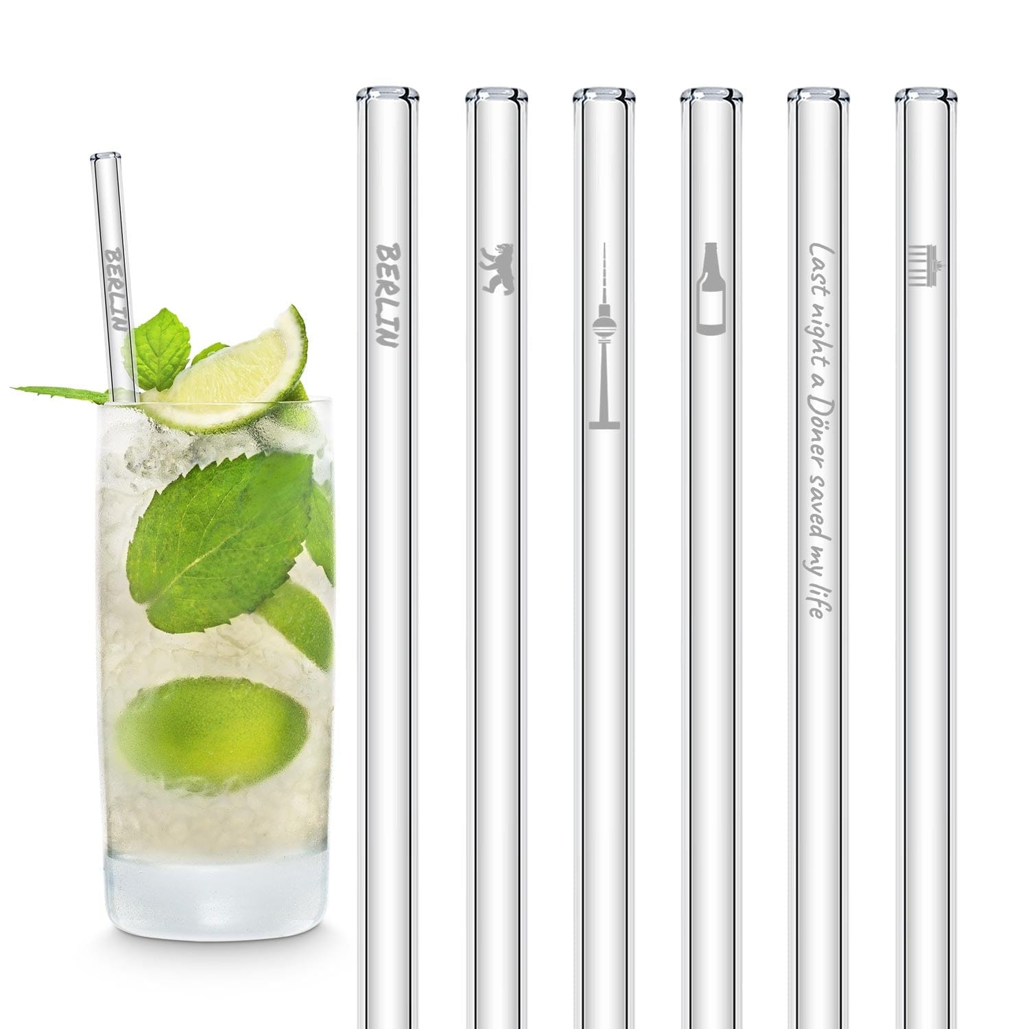 HALM Glasstrohhalme Berlin Edition 6x Glasstrohhalme mit gravierten Motiven - 15cm, 20cm, 23cm