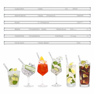 HALM Glasstrohhalme Wählbare Cocktail Rezepte Glasstrohhalme - individuelle Cocktails mit gravierten Maßen für perfektes Mixen - 6er Set